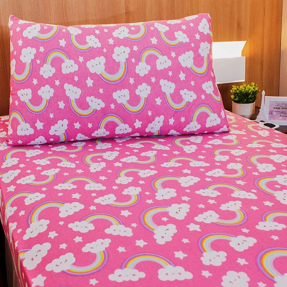 Jogo de Cama Infantil em Malha Doce Vida - Portallar Arco iris pink