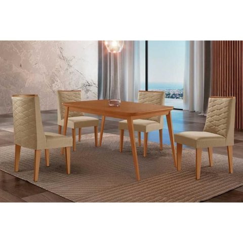 Sala de Jantar Completa Havana C/ Tampo Madeirado Canto Curvo 120x80cm e 4 Cadeiras Dafne Naturale