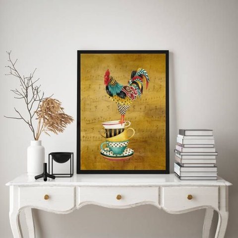Quadro Cozinha Galo Country com Xícaras 33x24cm:madeira Preta