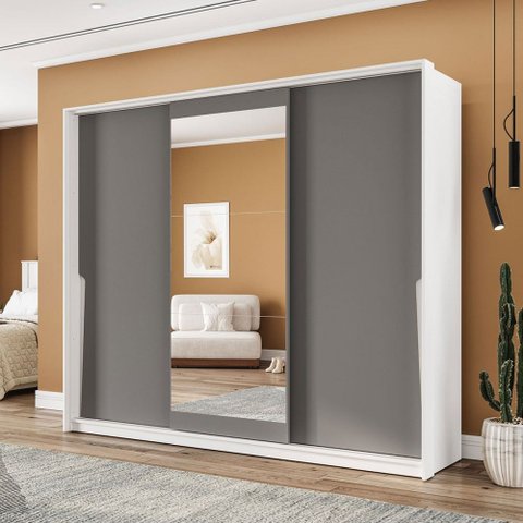 Guarda-roupa Casal Porto 3 Portas 4 Gavetas com Espelho Branco/cinza - Politorno