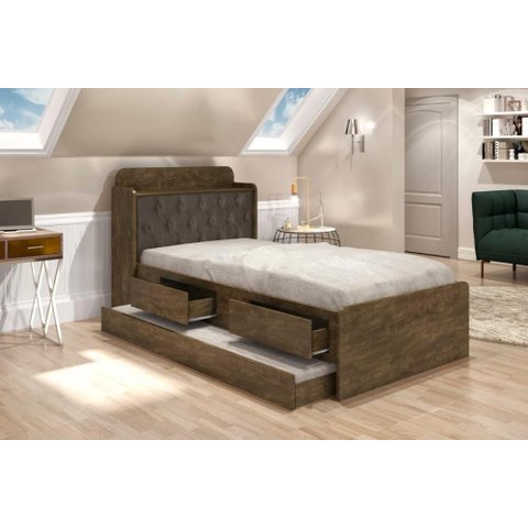 Cama Tamires Solteiro 0,88cm com Auxiliar Castanho com Capitonê Nogal Dois Colchões- Cambel