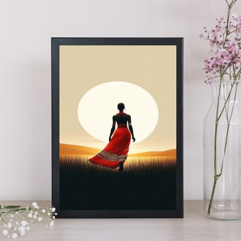 Quadro Mulher Africana Ao por do Sol 45x34cm:moldura Branca