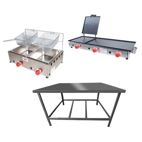 Kit Lanchonete Mesa de Manipulação 100x55cm + Fritadeira a Gás 2 Cuba + Chapa a Gás 90cm