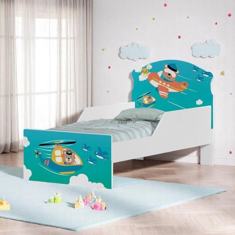 Cama Infantil Patrulha Animal com Colchão MDF Branco com Grade de Proteção Cambel Móveis