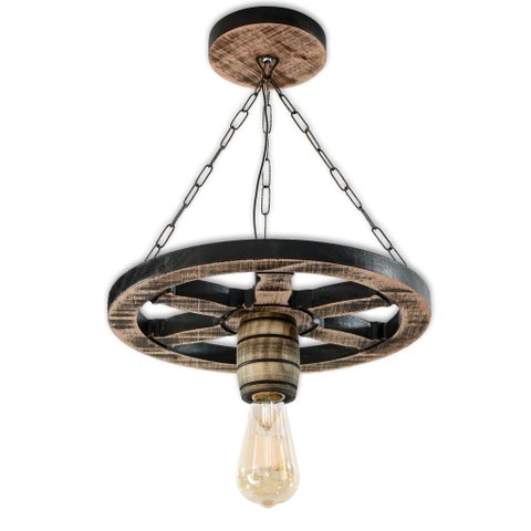 Pendente Luminária Lustre Roda de Carroça 33cm de Madeira Maciça - Rústico