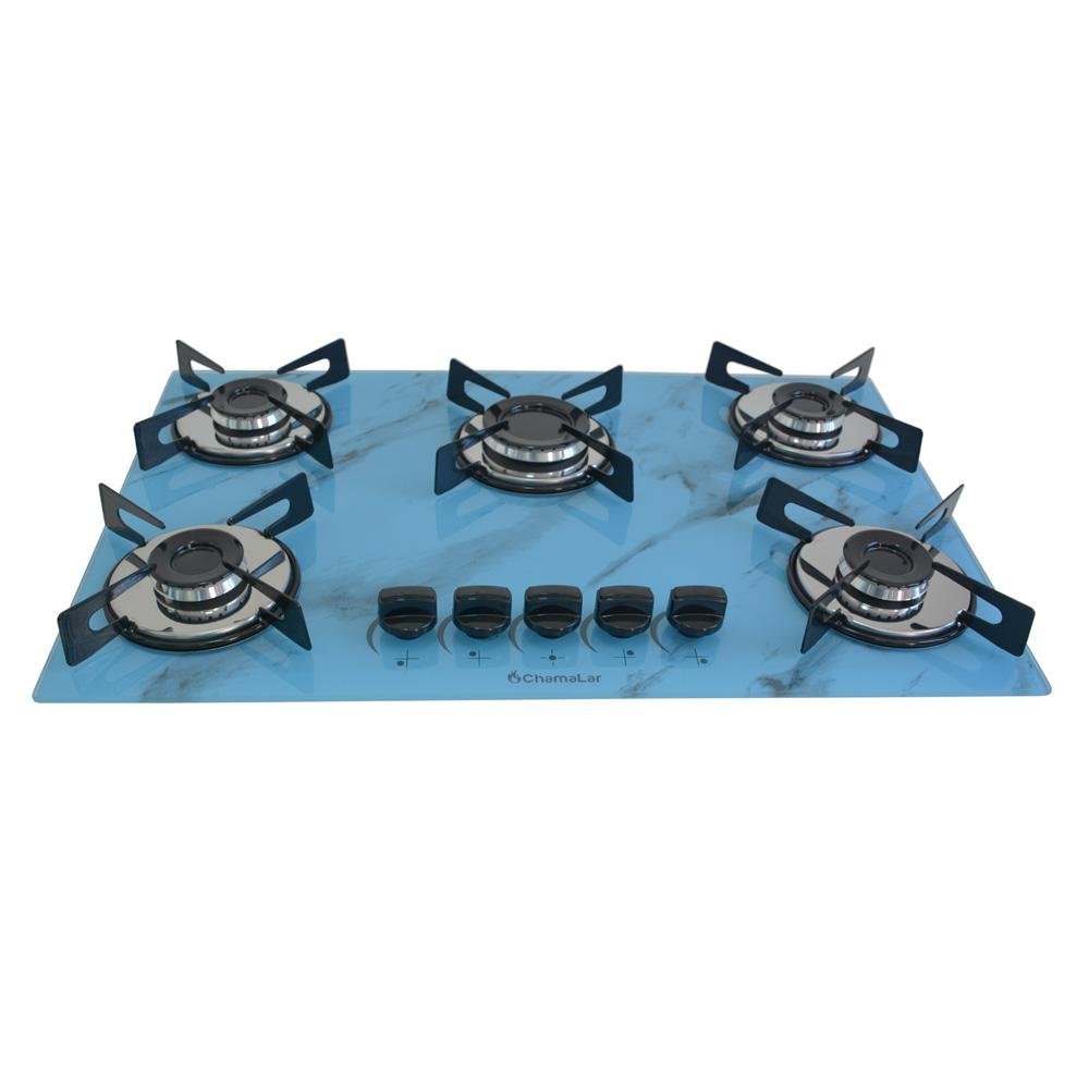 Fogão Cooktop a Gás Chapa 5 Bocas Ultra Chama 127/220v Marmorizado Marmo Azul