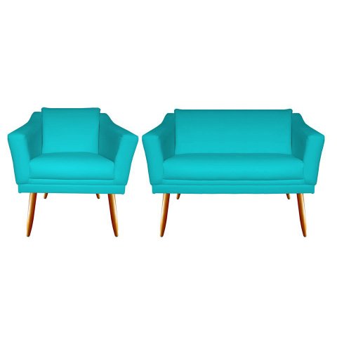 Kit Namoradeira + 1 Poltrona Decorativa Agatha Suede Azul Tifany Pés Madeira Ms Decor