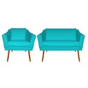 Ver imagem 1 de Kit Namoradeira + 1 Poltrona Decorativa Agatha Suede Azul Tifany Pés Madeira Ms Decor