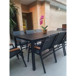 Conjunto de Mesa Retangular em Alumínio para Área Gourmet com 8 Cadeiras de Tela Sling e Madeira - 6