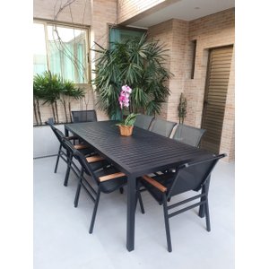 Conjunto de Mesa Retangular em Alumínio para Área Gourmet com 8 Cadeiras de Tela Sling e Madeira