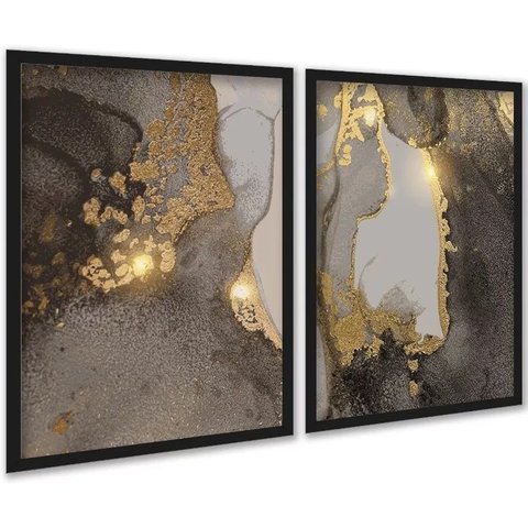 Kit 2 Quadros Abstratos Marmore Dourado Marrom 33x24cm:moldura Branca
