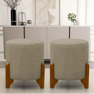 Kit 2 Puff Redondo Linho com Pés em Madeira Maciça Decorativo Sala Quarto