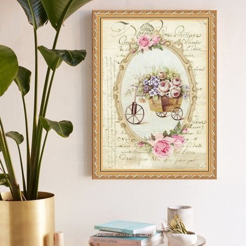 Quadro Decorativo Carrinho de Flores 45x34cm - com Vidro:moldura Branca
