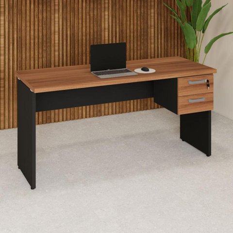 Mesa Escrivaninha 150cm Pés Painel com Gaveteiro Suspenso F5 Office Cor:Nogal com Preto