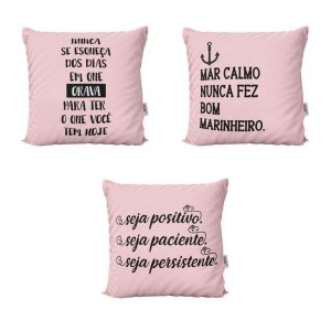 Kit 3 Capas de Almofadas Rosa com Frases Decorativas Para Sofá 40x40 - Novadecora