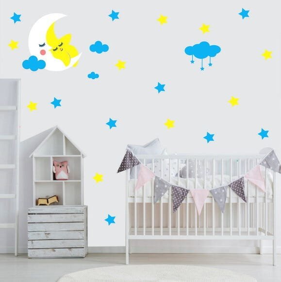 Adesivo De Parede Infantil Lua Estrela Dormindo Nuvens - RA Personalize - Meninos