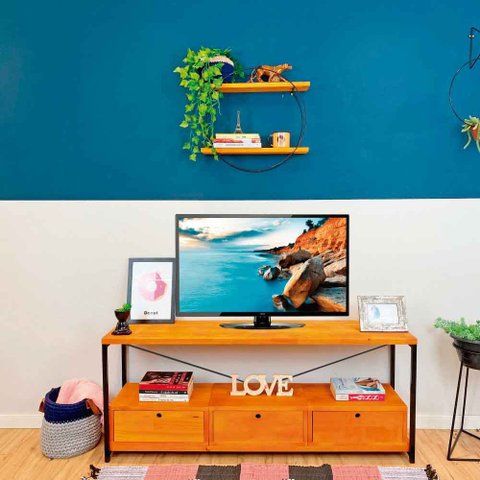 Rack de TV Industrial de Ferro e Madeira Style Square 3 Nichos Uno com Gaveta Carvalho e Preto