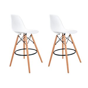 Kit com 2 Banquetas Altas Charles Eames Wood Dkw Eiffel - Design Brancas