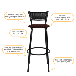 Banqueta para Bancada Banco Alto Junco Preto Balcão Cozinha Gourmet Bar Área de Lazer Piscina - 4