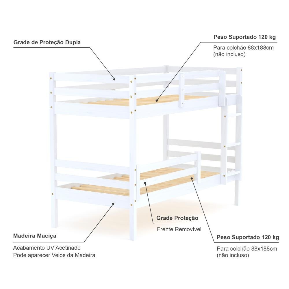 Beliche Solteiro Eco com Grade de Proteção Madeira Maciça Branco Mobilistore - 4