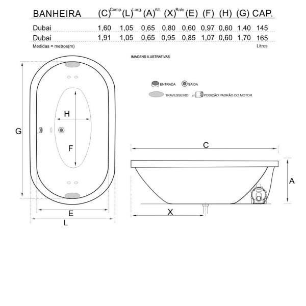 Banheira Dubai Dupla 1,60x1,05x0,65 Acrilico Sem Hidromassagem - 2