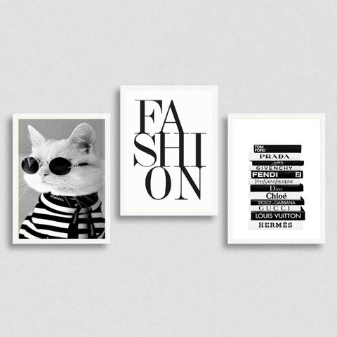 Kit 3 Quadros Moda Fashion Gatinho 24x18cm - com vidro:Madeira branca