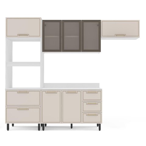 Cozinha Amara Armários Aéreos Portas Vidro Torre Quente e Balcão com Tampo Branco/Creme 250779