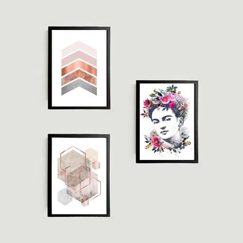 Kit 3 Quadros Decorativos Geométricos Frida 33x24cm - com vidro:Madeira branca