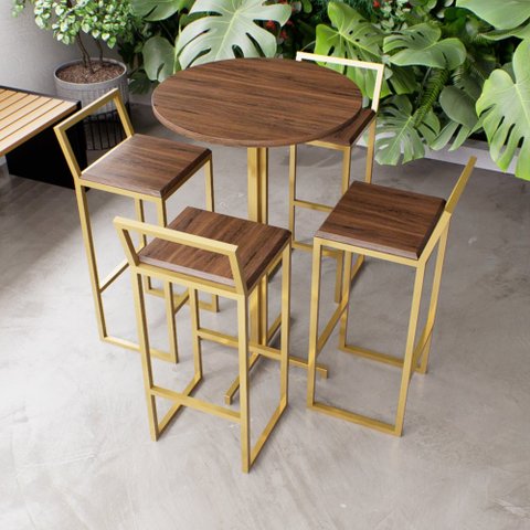 Jogo Mesa Bistrô Redonda Imbuia 4 Banquetas Imbuia Confort Industrial Dourado Don Castro Decor Indus