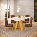 Ver imagem 1 de Conjunto Sala de Jantar Mesa Tampo Retangular Chanfrado Curvo Mad/vid 120 X 90cm Kiara Cedro Off Whi