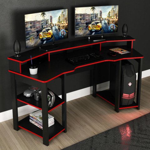 Mesa Escrivaninha Gamer com Gancho para Headset - Preto/Verm
