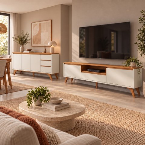 Conjunto Rack + Buffet Vertex Rack Off White/Naturalle Buffet Off White/Naturalle Mavaular