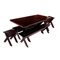 Conjunto Mesa 1,6m e 2 Bancos e 2 Banquetas Sem Encosto Madeira Maciça Eucalipto:Tabaco - 1