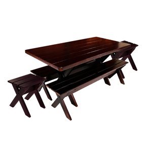 Conjunto Mesa 1,6m e 2 Bancos e 2 Banquetas Sem Encosto Madeira Maciça Eucalipto:Tabaco