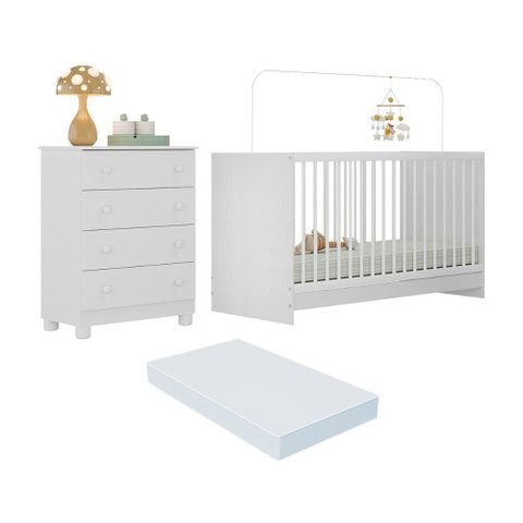 Berço 3 em 1 com Colchão Incluso e Cômoda 4 Gavetas Sol Multimóveis Mp4776 Branco