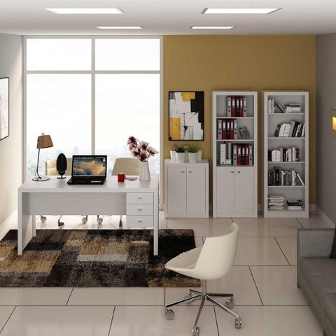 Kit para Escritório Tecno Mobili 1 Mesa 2 Estantes e Balcão 3 Gavetas 2 Portas Branco