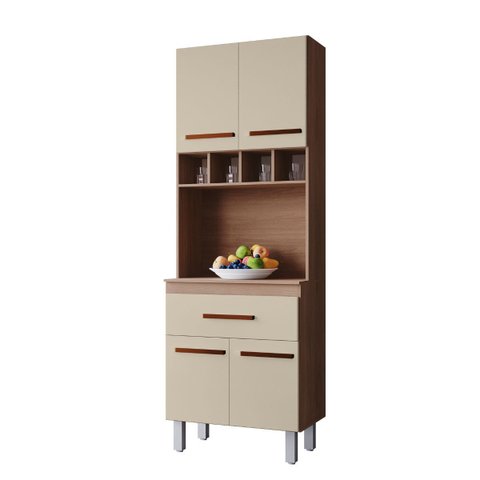Paneleiro Multiuso Vitória 4 Portas 1 Gaveta com Nicho para Cozinha Cor:savana / Off White