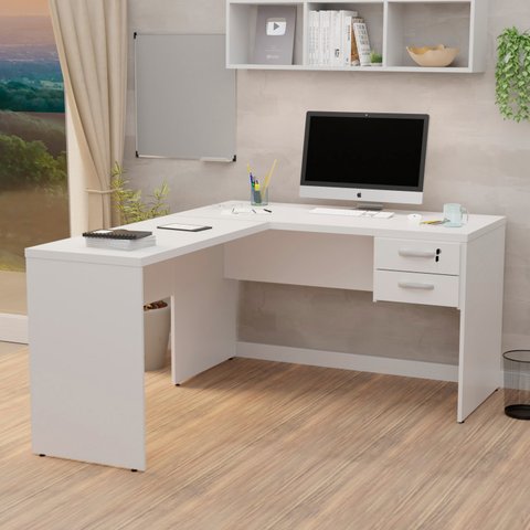Mesa de Canto em L para Escritório 1.20x1.50 com Gaveteiro - Branco
