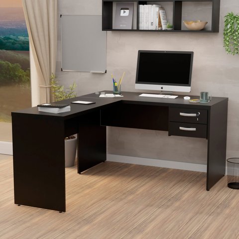 Mesa de Canto em L para Escritório 1.20x1.50 com Gaveteiro - Preto