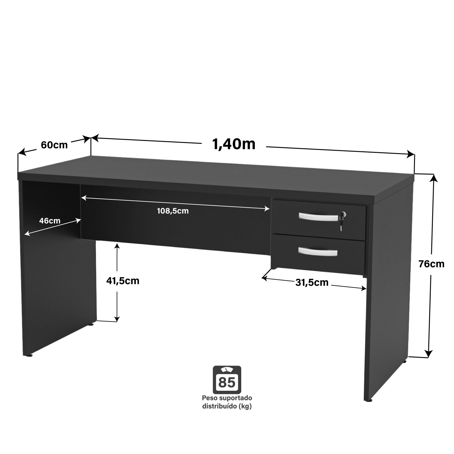 Mesa de Escritório 1.40x60 com Gaveteiro Tampo 30mm - Preto - 3