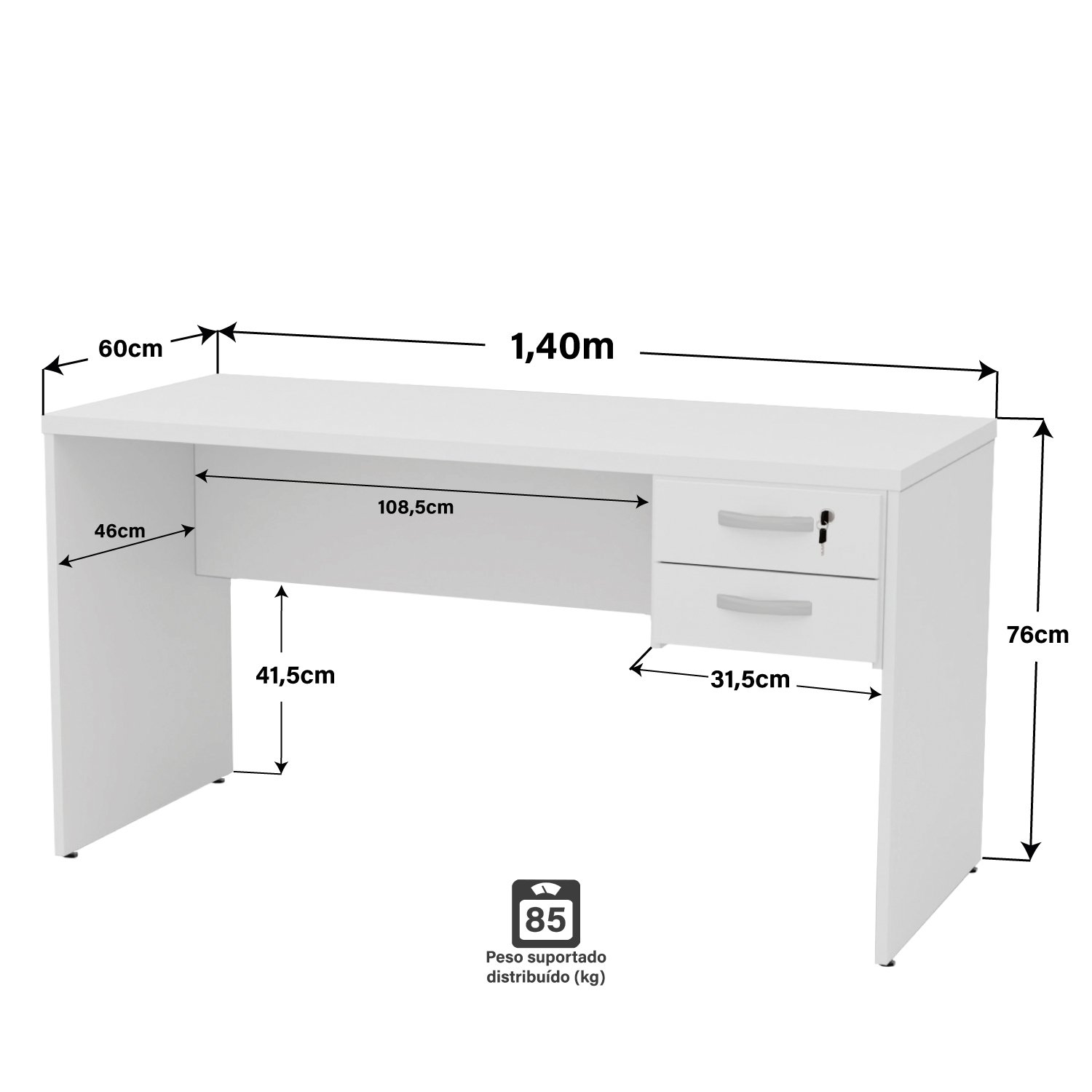 Mesa de Escritório 1.40x60 com Gaveteiro Tampo 30mm - Branco - 4