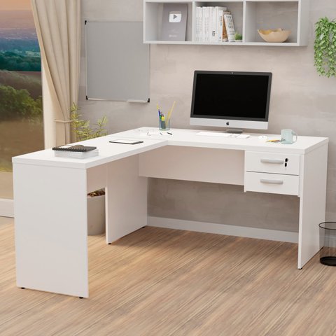 Mesa de Canto para Escritório em L com Gaveteiro 1.40x1.50 Tampo 30mm Netmobil - Branco