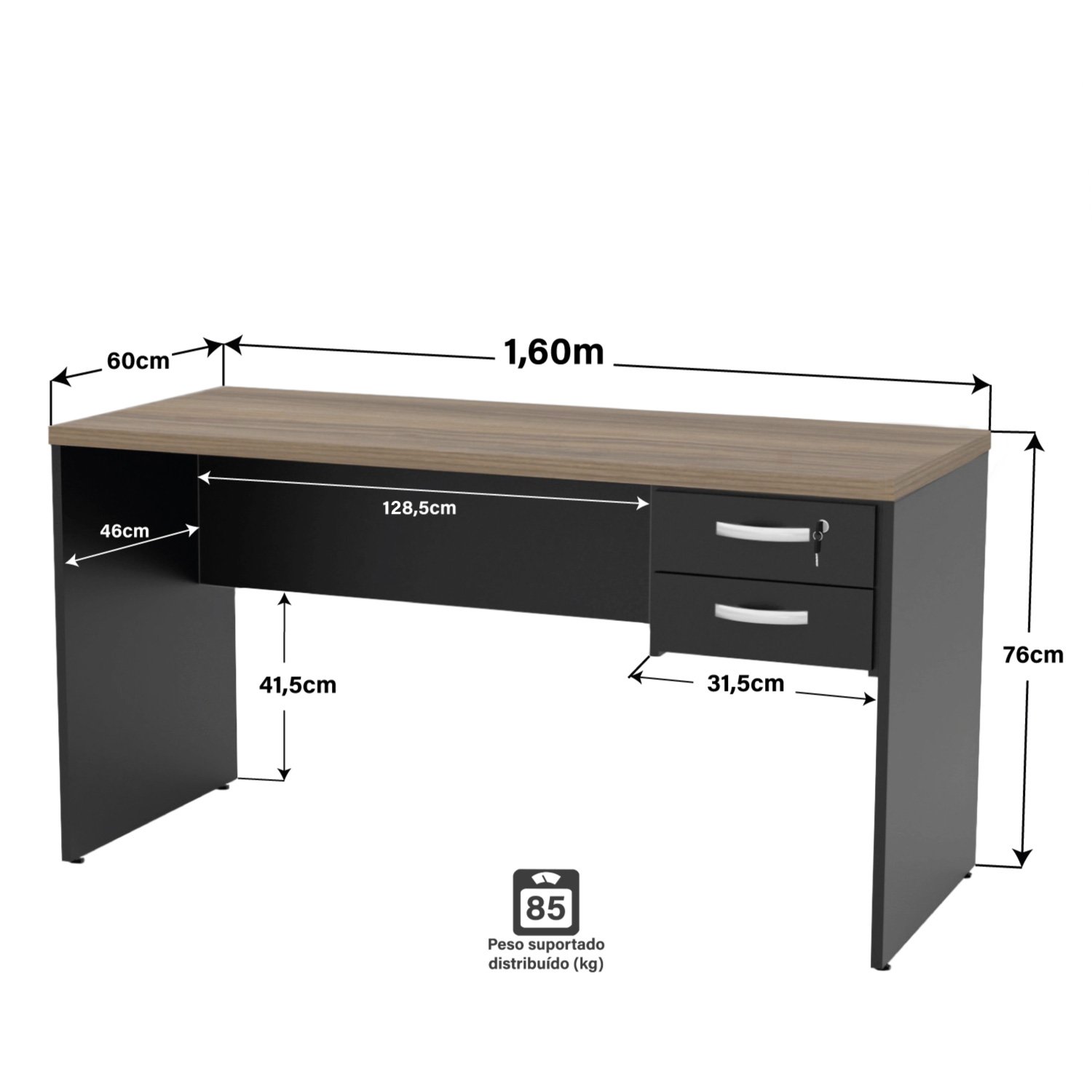 Mesa de Escritório 1.60x60 com Gaveteiro Tampo 30mm - Nogal - 4