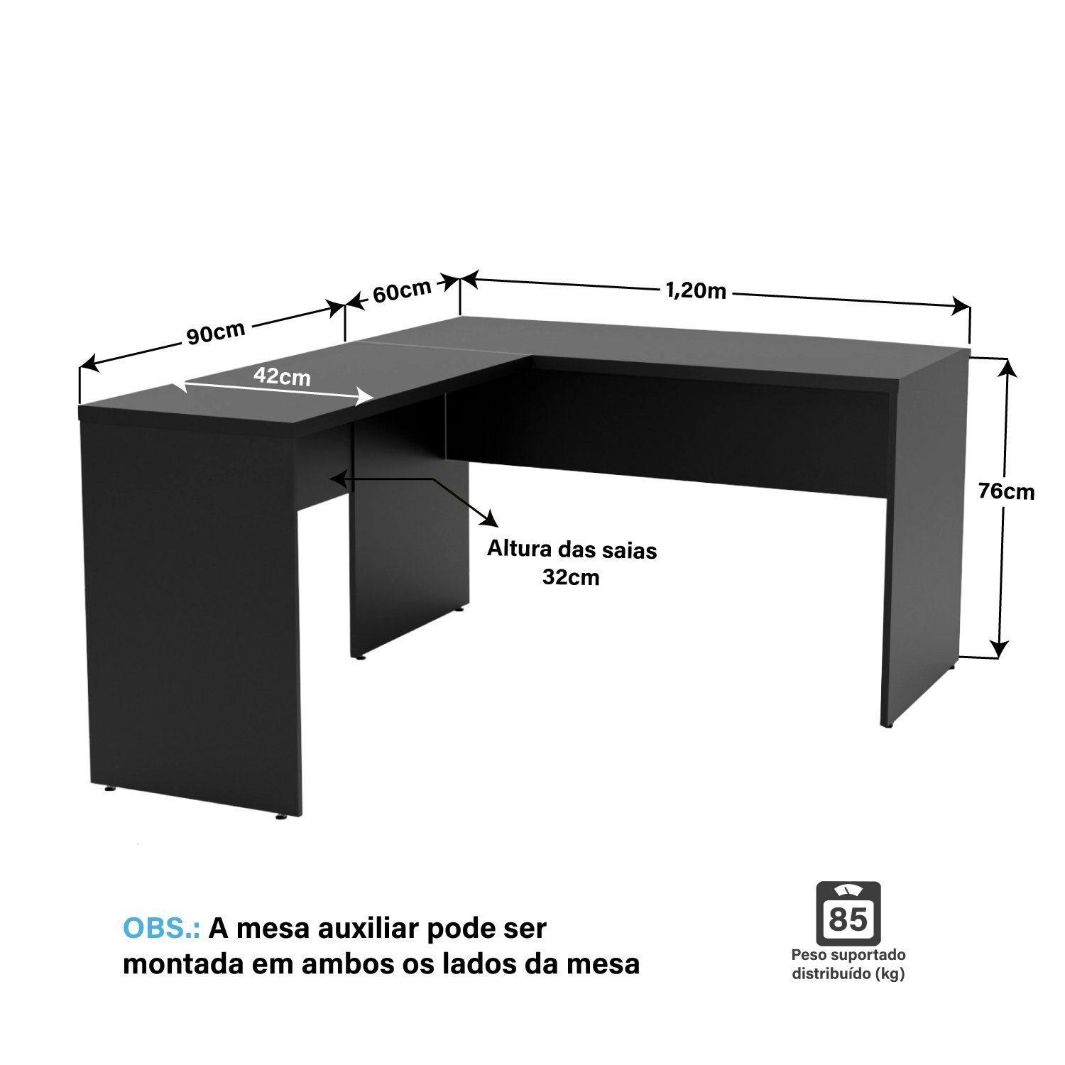 Mesa de Canto em L para Escritório 1.20x1.50 Tampo 30mm - Preto - 3