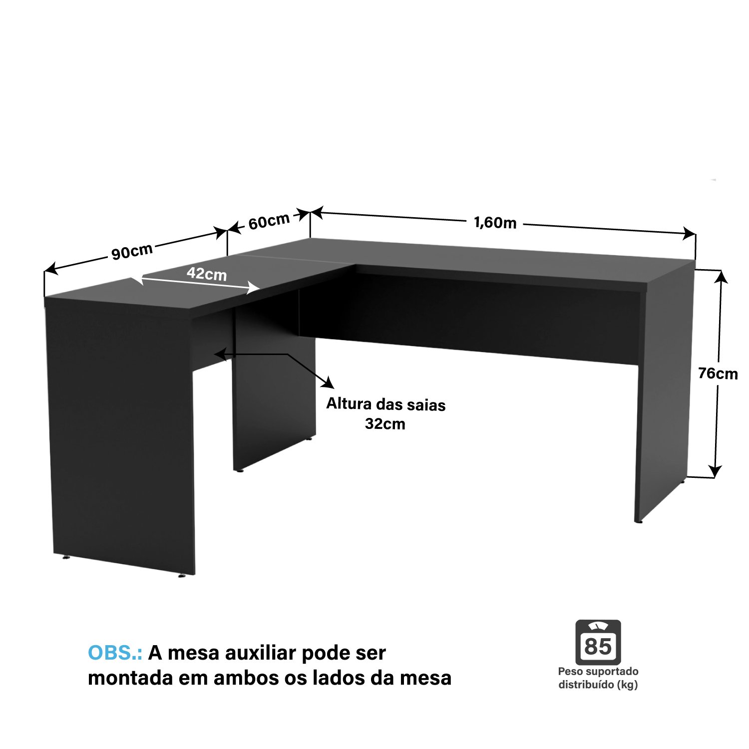 Mesa de Canto em L para Escritório 1.60x1.50 Tampo 30mm - Preto - 3