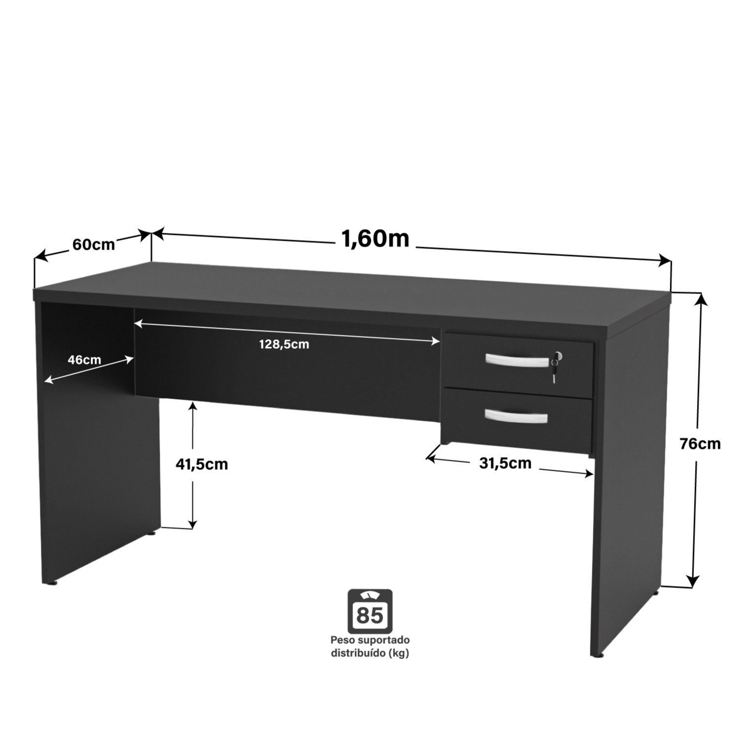 Mesa de Escritório 1.60x60 com Gaveteiro Netmobil - Preto - 4