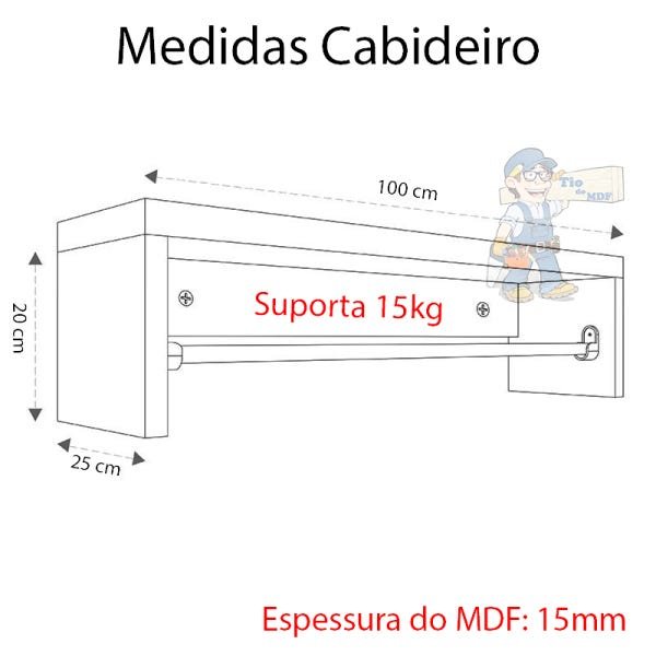 Kit 2 Cabideiro 100x20x25cm arara De Parede Preto 15mm suporte Cromado - 2