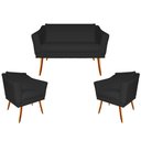 Ver imagem 1 de Kit Namoradeira + 2 Poltronas Decorativa Agatha Suede Preto Pés Madeira Mz Decor