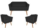 Ver imagem 1 de Kit Namoradeira + 2 Poltronas Decorativa Agatha Suede Preto Pés Madeira Mz Decor