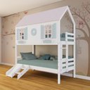 Ver imagem 1 de Beliche Casinha Bela com Coração Kit Escada/Escorregador - Madeira Maciça Branco/Rosa/Verde |